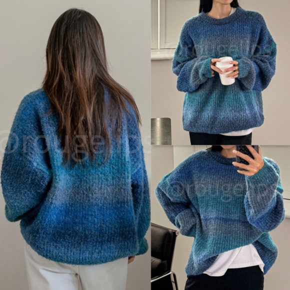 Blue Ombre Oversized Pullover Knit Sweater Round Neck Long SLeeve - Picture 6 of 16